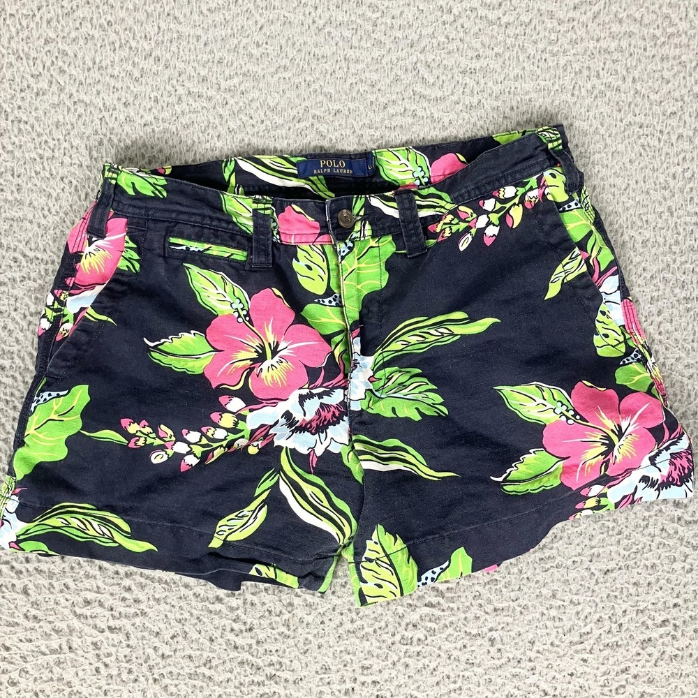 Polo Ralph Lauren Shorts Womens 6 Blue Floral Hawaiian Linen Chino Summer Casual